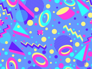 Wall Mural - 3D geometric seamless pattern in 80s style. 3d isometric triangles, zigzags and circles. Geometric memphis style. Design for promotional products, wrapping paper and printing. Vector illustration