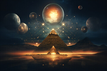 pyramid surrounded by planets in the night. esoteric, ancient wisdom and astrology concept.