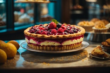 Pie bakery and pastry closeup with food product dessert of choice in upscale hospitality industry Baking in cafe with skilled baker or chef fresh and delicious cuisine for catering. Generative Ai.