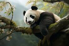 A Panda Resting On A Tall Tree Branch. Generative AI