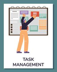 Busy manager looking at big screen, doing tasks, analyzes charts by hands, Effective task management vector poster