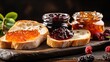 Spread of fruit jams and honey on rustic bread slices