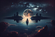 Night Scenery Of A Man Rowing A Boat Among Many Glowing Moons Floating On The Sea, Digital Art Style, Illustration Oil Painting