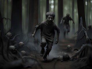 Canvas Print - scary kids in the horror forest