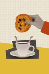 Sticker - Vertical composite creative unusual photo collage of big hand drop cookie in cup of tea with arms isolated on checkered background