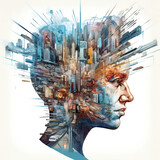 Fototapeta Nowy Jork - A conceptual image of a human head with a transparent section, revealing a busy and vibrant cityscape inside. Activity of the Mind
Created using generative AI