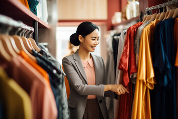 Asian woman in a store looking and buying clothes