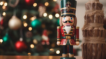 Close Up Of A Christmas Nutcracker. Toy Soldier. Christmas Copyspace Background