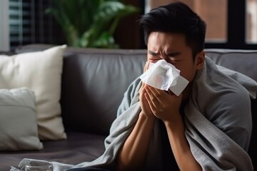 Sick asian man blowing her nose while sitting on sofa at home, Generative AI