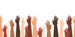 Hands raised, different people from different ethnic groups. Racial equality. Multicultural community integration. Seamless background Vector illustration