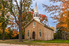 Small Beautiful Church In Autumn Scenery, Autumn In Canada