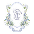 Painted wedding monogram TB, BT initial watercolor floral crest. Watercolor crest with blue flowers and green leaves frame hand-drawn vector template.