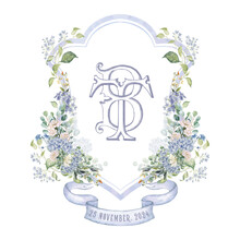 Painted Wedding Monogram TB, BT Initial Watercolor Floral Crest. Watercolor Crest With Blue Flowers And Green Leaves Frame Hand-drawn Vector Template.