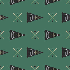 Wall Mural - Camp seamless pattern. Travel wallpaper with pennants and quotes-go hike. Stock wallpaper background