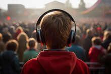 AI generated image of back view on a boy in the autism spectrum wearing noise cancelling headphones and standing out of the crowd