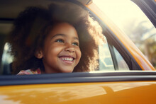 Generative AI Illustration Of Happy And Cheerful African American Girl Sitting In The Car