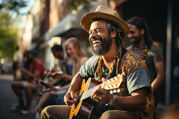 Wall Mural - Cheerful street musicians performing in city park on sunny summer day. Performer playing a guitar. People gathering in the background.