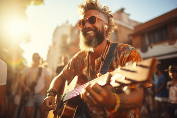 Wall Mural - Cheerful street musicians performing in city park on sunny summer day. Performer playing a guitar. People gathering in the background.