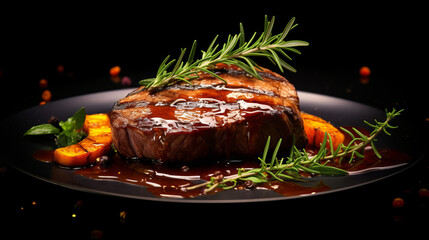 Grilled beef steak ribeye on wooden cutting board. Presentation of ribeye beef steak grilled on slate plate. Juicy Freshly grilled Ox rib.
