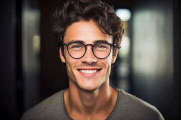 Portrait of an attractive young man wearing eyeglasses. Head shot of smiling person wearing glasses.