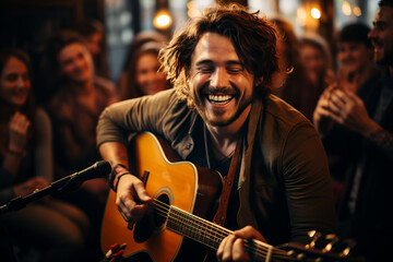 Wall Mural - Cheerful musician performing in a pub. Performer playing a guitar. People gathering in the background.