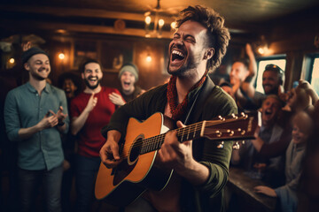 Wall Mural - Cheerful musician performing in a pub. Performer playing a guitar. People gathering in the background.