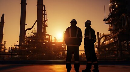 Silhouettes of two industrial engineers discussing a business plan. The back of the oil rig