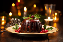 Christmas Pudding On A Plate On Xmas Table. Christmas Pudding Fruit Cake With Christmas Decoration Background.Traditional Festive Dessert.