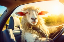 Sheep Driving A Car In Sunny Day On Suburb Road. Generative AI