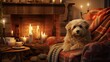 the dog snuggled up in a comfy chair, wearing a warm winter sweater and hat. The background feature warm, inviting colors and textures to convey a sense of comfort and relaxation.