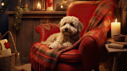  the dog snuggled up in a comfy chair, wearing a warm winter sweater and hat. The background feature warm, inviting colors and textures to convey a sense of comfort and relaxation.