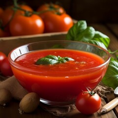 Wall Mural - A delicious bowl of tomato soup on a rustic wooden table