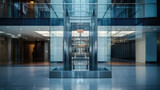 Fototapeta  - Empty glass modern elevator in a mall, nobody. Minimal interior of shopping or business center. Futuristic stylish room. 