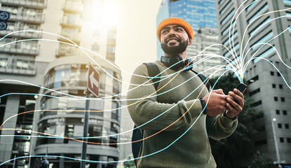student, man and phone or connection hologram in city communication, internet speed and data for urb