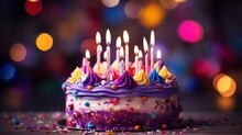 Birthday Cake With Candles Bright Lights Bokeh Background. Birthday Cake Decorated With Colorful Cream.