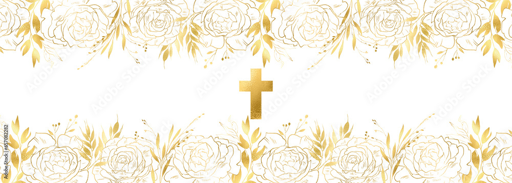 Holy Magazine Border Gold linear Vintage rose bouquet, border, frame with holy cross. Gold ...