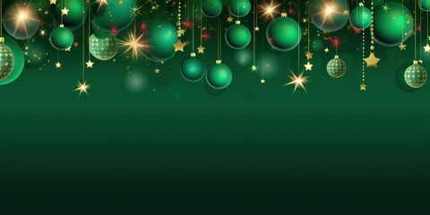 Wall Mural - Green Christmas holiday banner, background. Christmas tree frame with ornaments. Gold glitter, Christmas balls decoration. Merry Christmas. For holiday headers, cards, party posters.