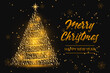Christmas greeting card template with golden glittering tree and wishes Merry Christmas and Happy New Year. Christmas background.