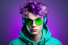 Colorful Studio Portrait Of A Cool Teenager Boy With Age Specific Outfit And Accessories. Bold, Vibrant And Minimalist. Generative AI