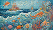 Underwater background with fishes. whimsical and imaginative ocean scene with wavy, playful patterns that incorporate imaginative sea creatures.