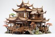 3D rendering of a traditional Chinese tea house with wooden lattice windows PNG Cutout, Generative AI