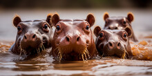 A Pod Of Hippos, Hippopotamus Amphibius, Huddle Together In Kenya