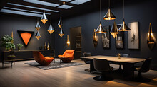 Dark Dining Area With A Table And Modern Hanging Lamps