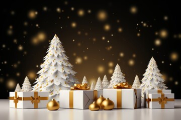 Wall Mural - White christmas tree golden decoration New year background, Christmas background AI generated image