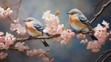 A trio of birds perched on a branch adorned with delicate pink flowers Kodak Portra 400 , large copyspace area, offcenter composition