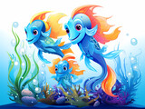 Fototapeta  - Group Of Blue Fish With Orange And Blue Fins And Yellow Fins