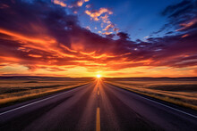 Road To Nowhere. Empty Straight Asphalt Motorway In Flat Landscape, Disappearing Into The Horizon. Sunset And Illuminated Clouds. Concept Of New Beginning, Brighter Future. AI Generative Photography.