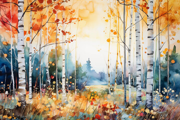 Wall Mural - watercolor painting of birch forest in autumn season in a sunny day. generative ai