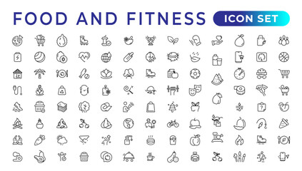 Wall Mural - Food and fitness linear icons collection.Set of thin line web icon set, simple outline icons collection, Pixel Perfect icons, Simple vector illustration.