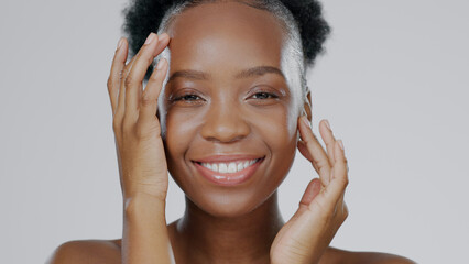 Canvas Print - Face touch, skincare and beauty of black woman in studio isolated on gray background for dermatology. Portrait, hands and natural cosmetics of happy model in spa facial treatment, wellness or health